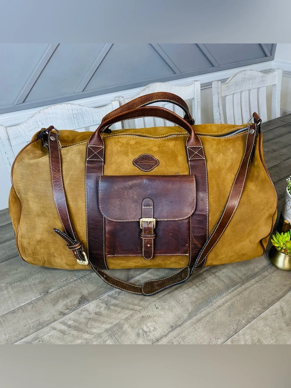 VTG Geno D'Lucca Large Suede Leather Duffle Bag Travel Weekender Luggage Brown